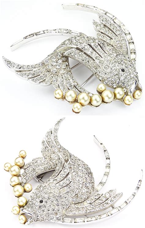 Mb Boucher Pave And Baguettes Swirling Fish With Pearl Bubbles Pin Clip