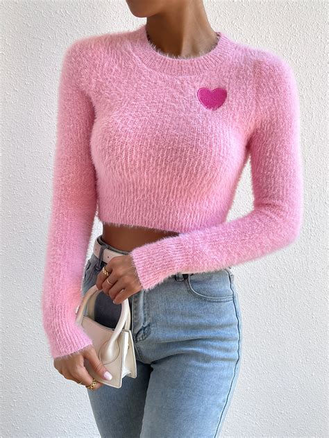 Heart Pattern Fuzzy Crop Sweater