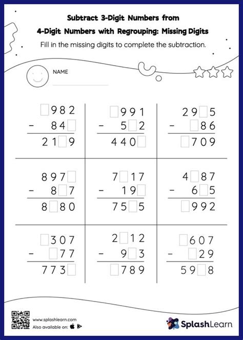 Subtract 3 Digit Numbers From 4 Digit Numbers With Regrouping Missing