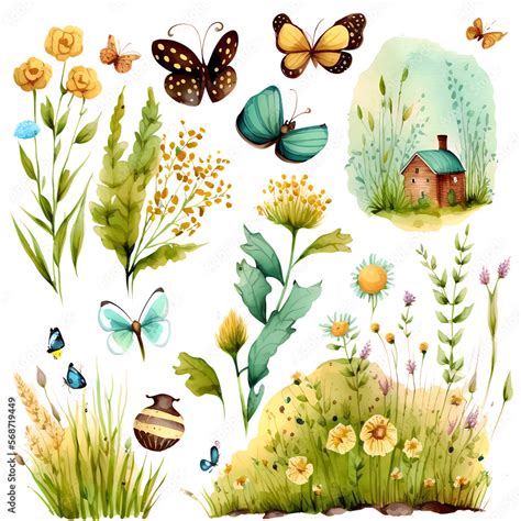 cute cartoon collection on white background with wildflowers generative ai Stock Illustration ...