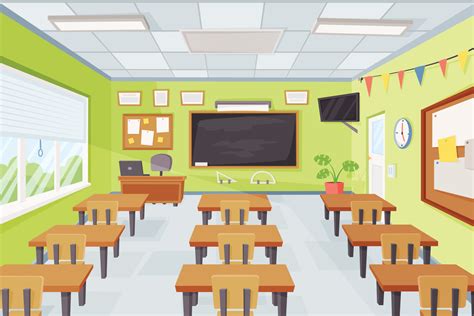 Cartoon empty school classroom interior with desks and chalkboard. Elementary class with ...