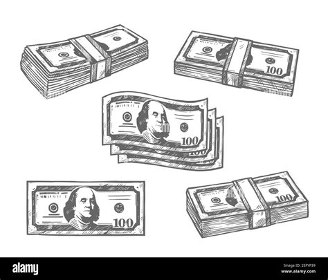 Dollar banknotes money bundles sketch icons. Vector isolated set of 100 dollars or paper money ...