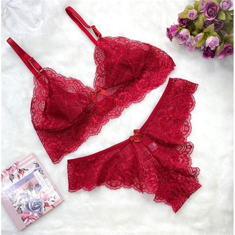 Conjunto De Lingerie Calcinha e Sutiã Sem Bojo De Renda Sexy Liz