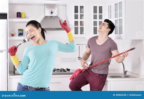 Happiness Couple After Cleaning The House Stock Photo Image Of