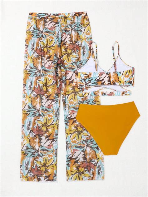 SHEIN Chica adolescente Bañador bikini cruzado con estampado tropical con pantalones cover up