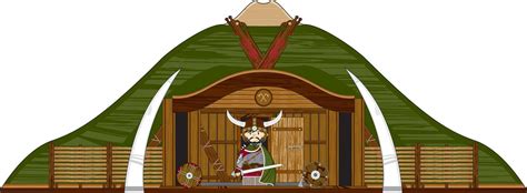 Cute Cartoon Viking Warrior At Homestead Norse History Illustration