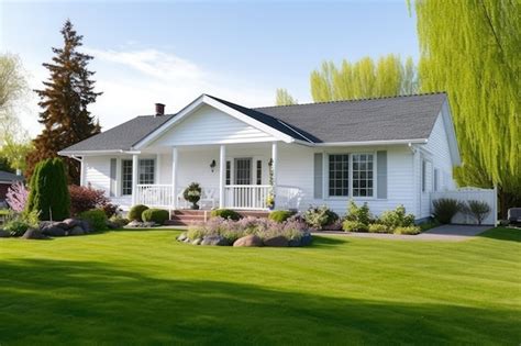 Premium AI Image | White suburban house with a breezy porch and green lawn