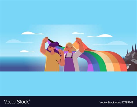 Women Holding Lgbt Rainbow Flag Gay Lesbian Love Vector Image