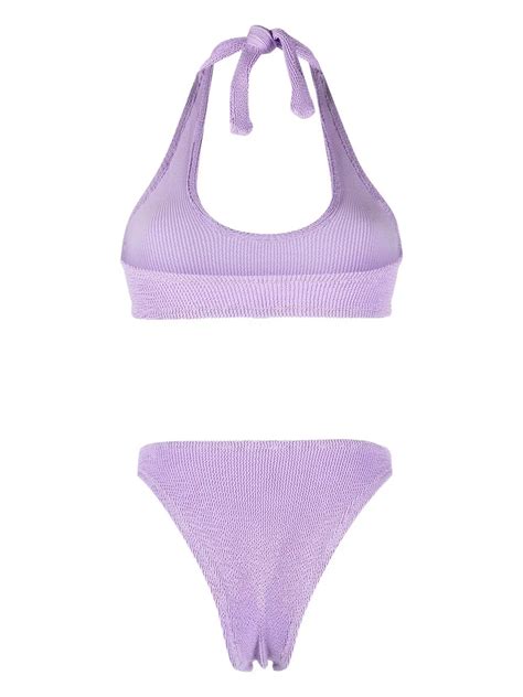 Reina Olga Pilou Seersucker Halterneck Bikini Purple FARFETCH
