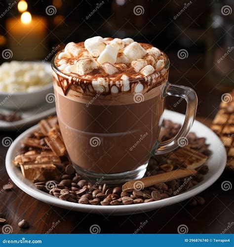 Glass Cup Of Belgium Hot Chocolate Topped With Mini Marshmallows Stock