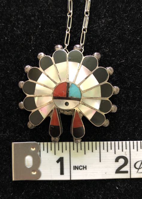 Vintage Zuni Stone Inlay SunFace Pendant Brooch With Gem