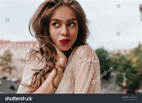 Tanned Brunette Woman White Shirt Poses Stock Photo Shutterstock