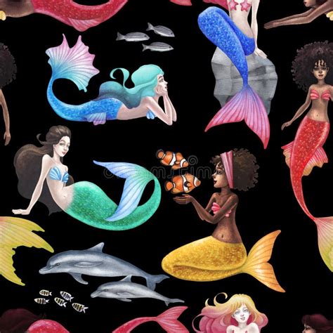 The Group Of Watercolor Mermaids With The Diverse Appearance Stock