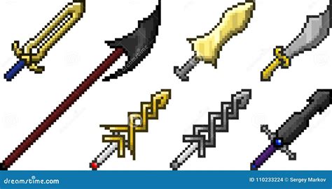 Set Of Weapon Icons In Pixel Style Stock Vector Illustration Of Game