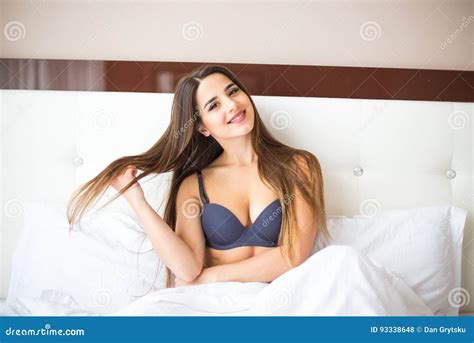 Beatiful Brunette Woman In Bed After Wake Up In The Morning Stock Photo Image Of Home Open
