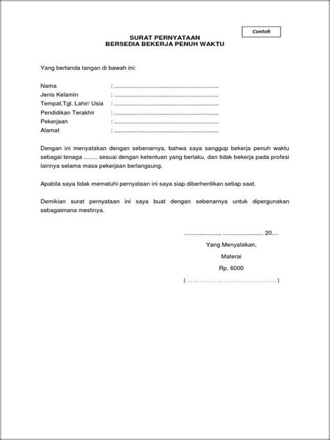 Contoh Surat Pernyataan Bersedia Bekerja Penuh Waktu Surat Lamaran