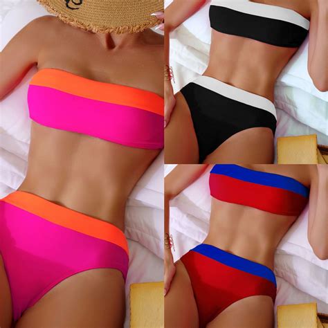Two Piece Fashion Sexy Contrast Color Set Strapless Top High Waist Bikini Bikini And