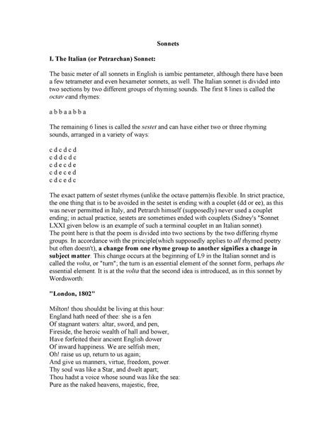 Sonnets Handout Sonnets I The Italian Or Petrarchan Sonnet The