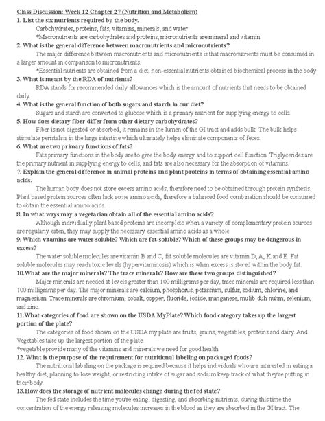 Chapter 27 (Nutrition and Metabolism) - Class Discussion: Week 12
