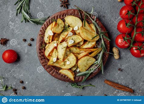 Roasted Rosemary Garlic Potato Wedges On A Plate Stock Image Image Of Herbs French 207987597