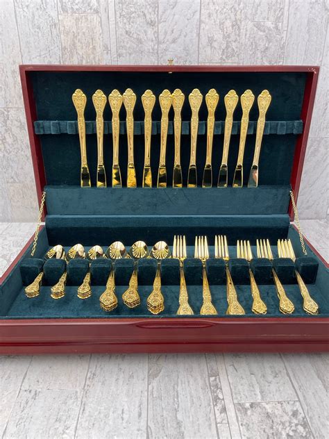 Vintage Gold Flatware Set With Silverware Chest Service For