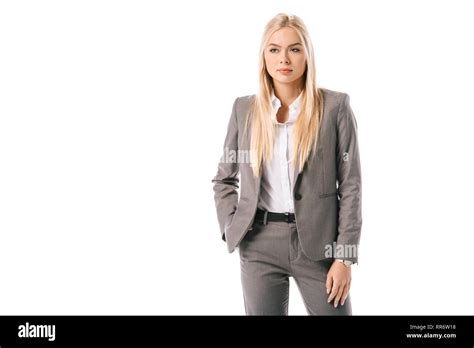 Attractive Blonde Businesswoman Posing In Suit Isolated On White Stock Photo Alamy