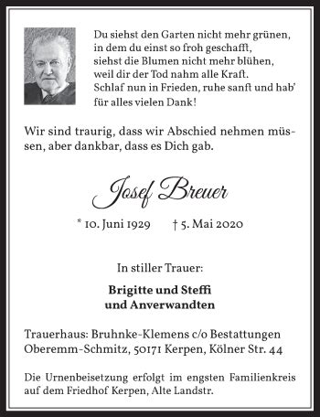 Traueranzeigen Von Josef Breuer WirTrauern