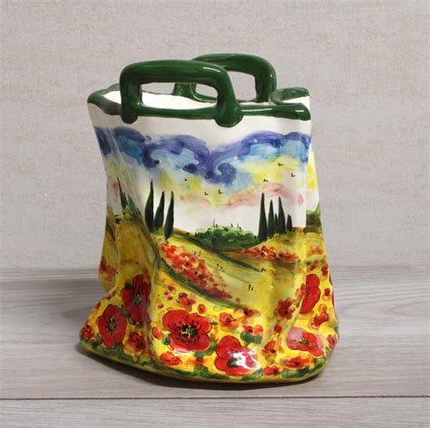 Borsa Portautensili In Ceramica Decorata A Mano Paesaggio Papaveri