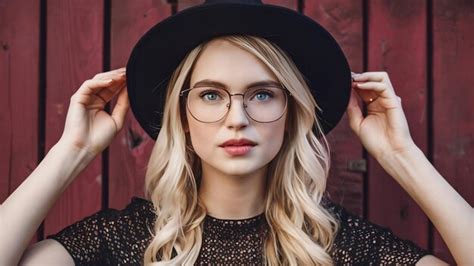 Premium Photo Blonde Girld With Glasses And Hat