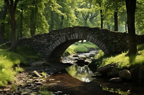 Premium AI Image | Photo of Old stone bridge over a forest stream Forest