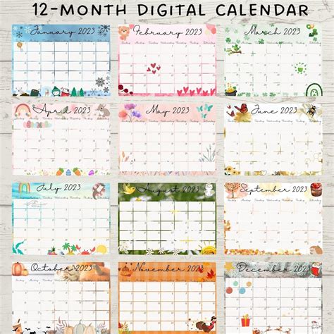 12 Month Calendar, Editable Template, Fillable, Digital Calendar, 2023 ...