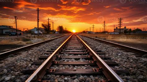 railroad tracks at sunset generative ai 32114184 Stock Photo at Vecteezy