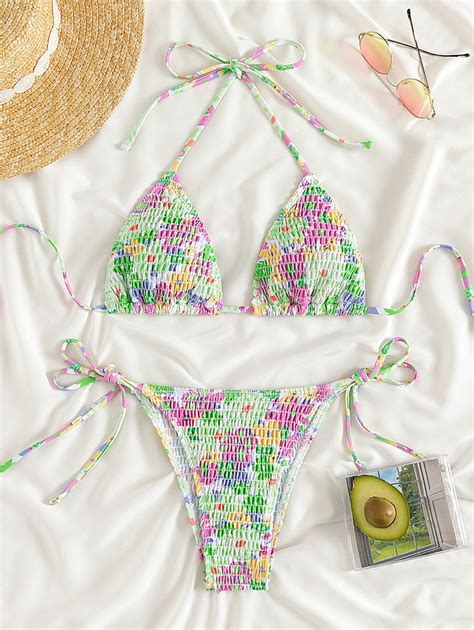 Random Floral Print Bikini Set Smocked Halter Triangle Bra Top Tie Side Bikini Bottom Pieces