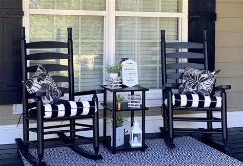 Black And White Porch Decor Outdoor Rug Black Rocking Chairs Striped