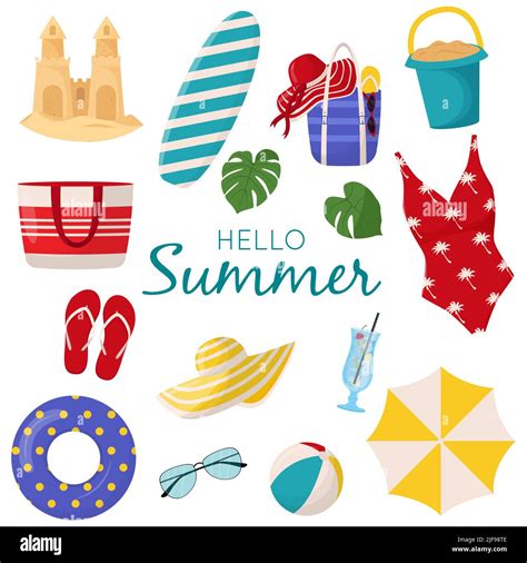 Set Of Cute Summer Elements Surfboard Cocktail Bag Hat Palm Tree Bikini Flip Flops Beach