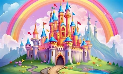 Castillo De Dibujos Animados Con Arco Iris Y Arco Iris En El Cielo