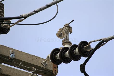 Damage Lightning Arrester On Electrical Pole Stock Image Image Of