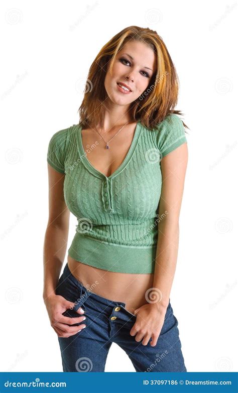 Smiling Brunette In Green Shirt Royalty Free Stock Image Image