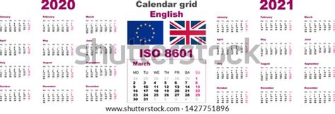 Set Grid Wall Calendar English 2020 Stock Vector Royalty Free