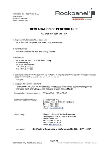 Declaration Of Performance Rockpanel Mm Rcm Roofing And Cladding