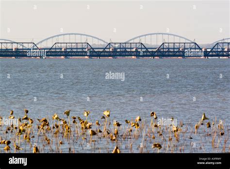 Davenport Iowa Usa Mississippi River And Centennial Bridge In The