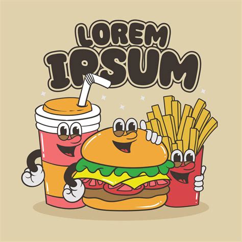 Retro Cartoon Funny Groovy Character Fastfood Groovy Cartoon