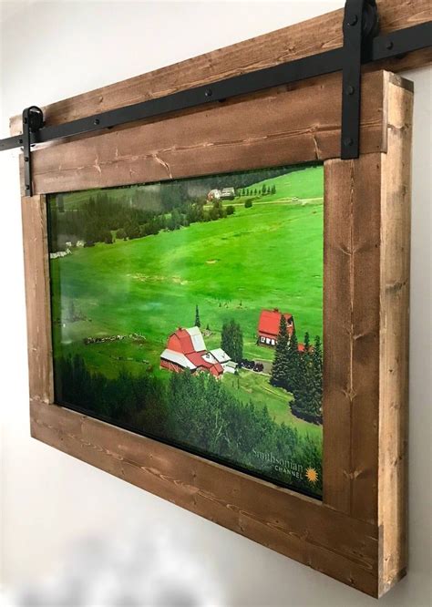 Custom Wooden Tv Frame With Modern Barn Door Style Hardware Etsy