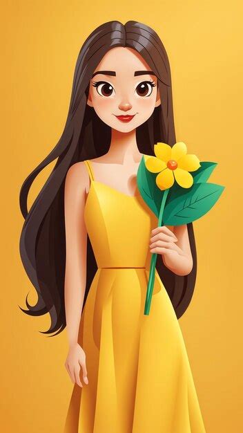 Beautiful Brunette Girl With Bouquet Of Flowers Vector Illustration Premium AI Generated Image