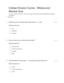 Mitosis And Meiosis Quiz PDF Printable By Hemlock Science Shop