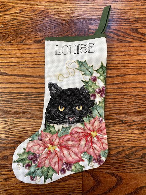 Vtg Black Cat Cross Stitch Stocking Cat Christmas Stocking Cross