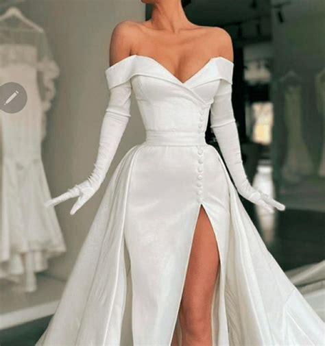 Off The Shoulder Wedding Gown With Gloves Wedding Dress Bustle