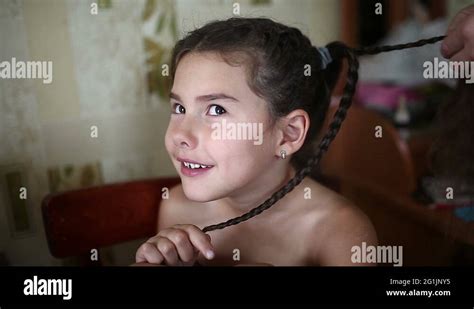 Mother Makes Daughter Female Girl Hair Braid Sitting Naked In The Morning Going Stock Video