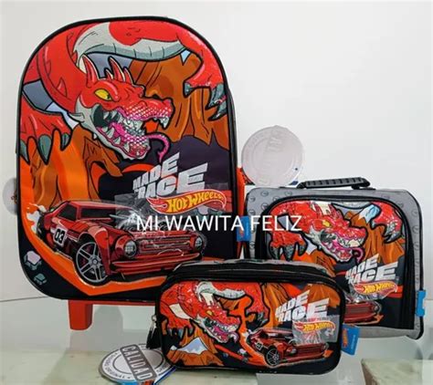 Pack Maleta Ruedas Hot Wheels Rojo Lonchera Cartuchera Env O Gratis