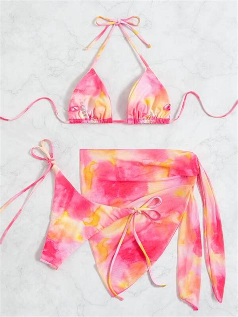 Shein Swim Vcay Tie Dye Bikini Set Halter Triangle Bra Top Tie Side